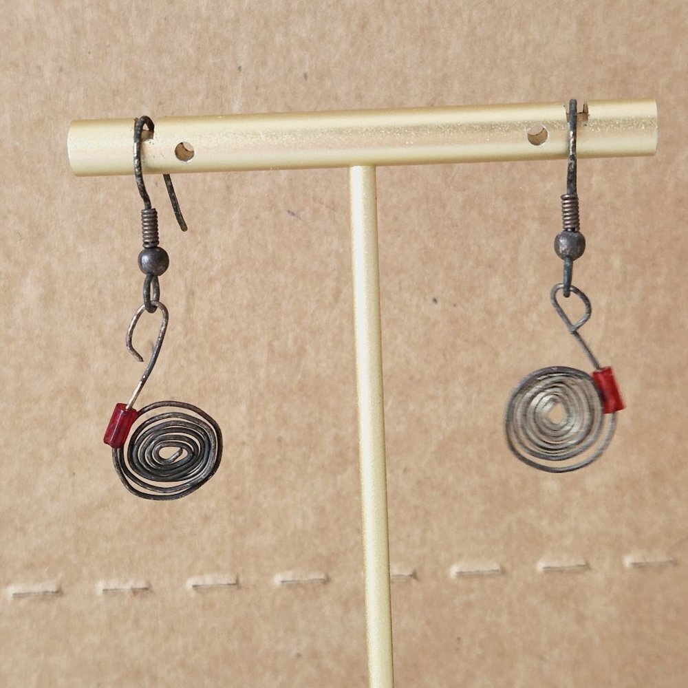 Vintage 925 Silver Wire Spiral Beaded Hook Earrings